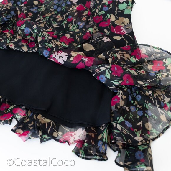 Ralph Lauren Georgette Black Floral Skirt 6 Midi Hanky Ruffled Fairy Festival - Picture 6 of 8